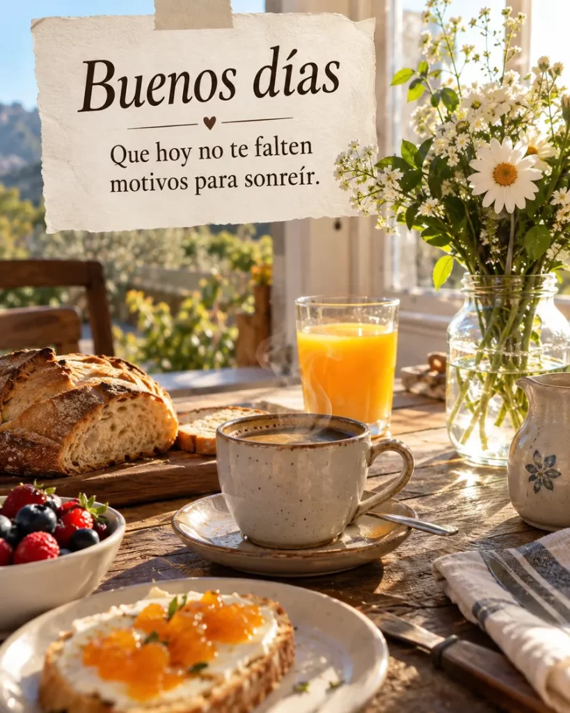 Desayuno tradicional con café pan dulce fruta fresca y flores