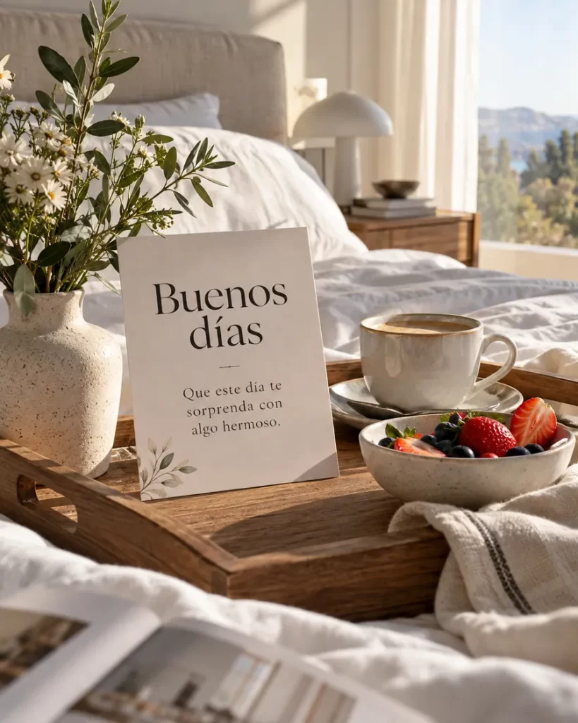 Bandeja de desayuno junto a flores y luz natural entrando por la ventana
