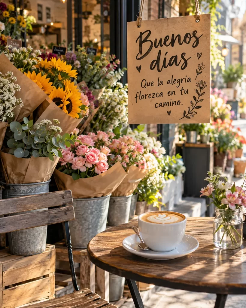 Café sobre una mesa junto a una florería llena de girasoles y rosas