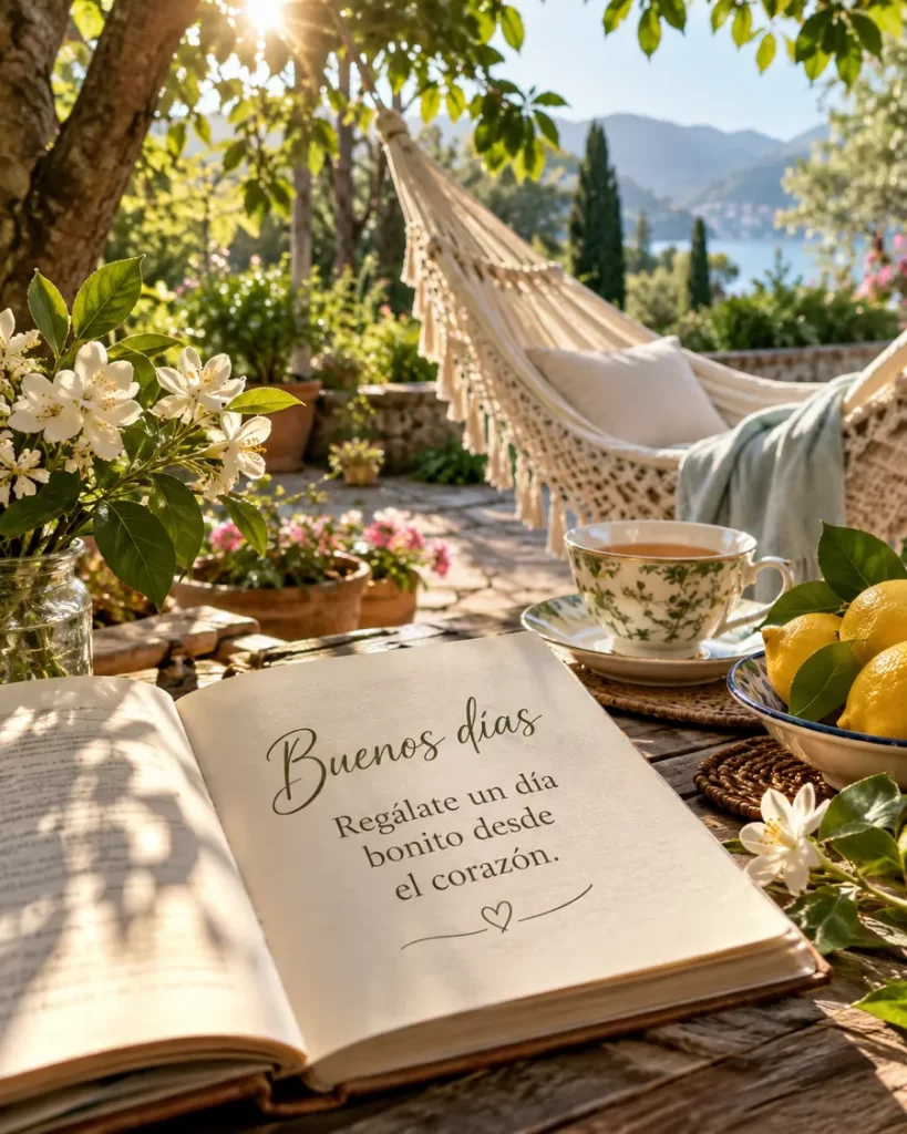 Frases de buenos días en un paisaje de campo al amanecer
