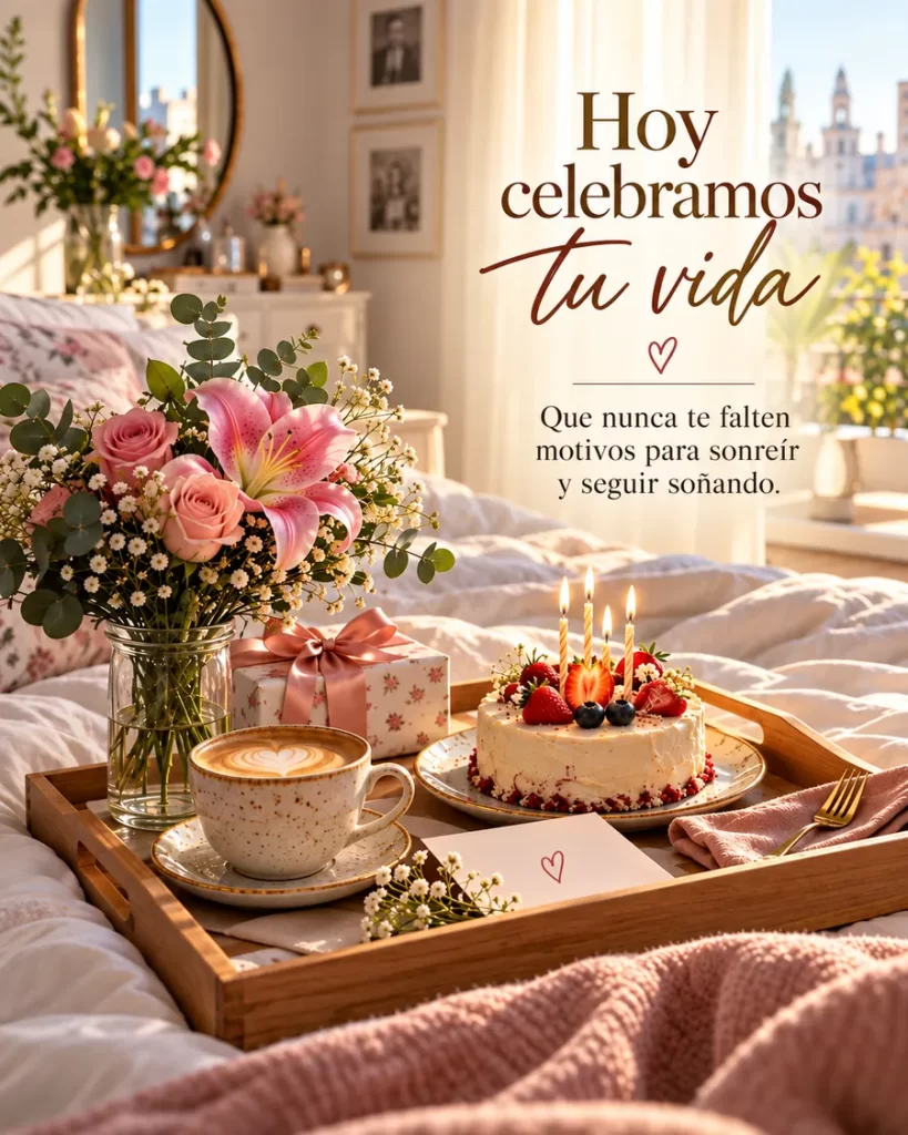 Bandeja de desayuno con flores café pastel y regalo