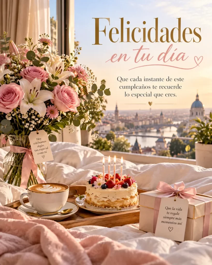 Desayuno sorpresa con café flores y pequeño pastel
