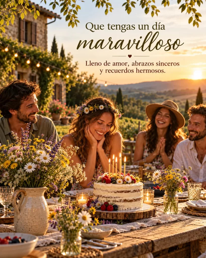 Amigos reunidos alrededor de un pastel entre flores