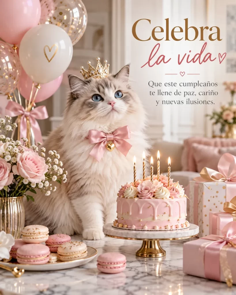 Gatita con corona junto a un pastel rosa y regalos de cumpleaños