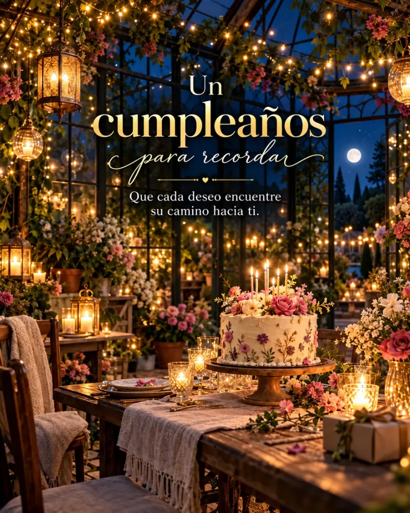 Mesa iluminada dentro de un invernadero lleno de flores