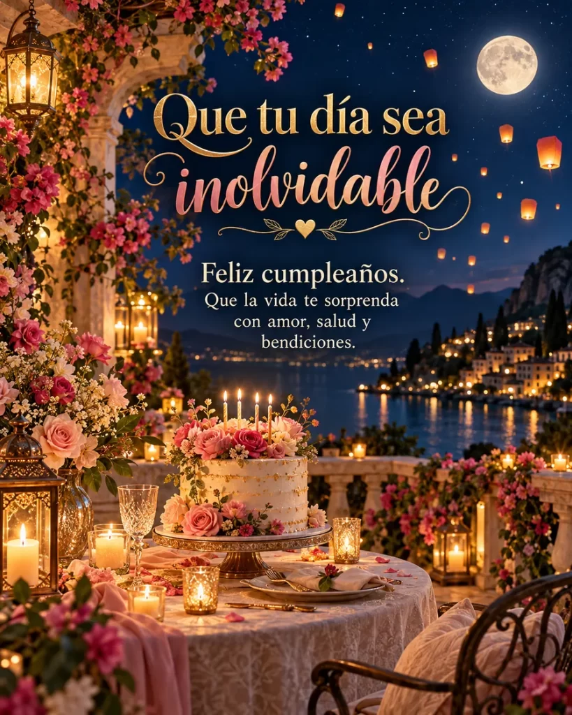 Celebración nocturna de cumpleaños bajo la luna con faroles y flores