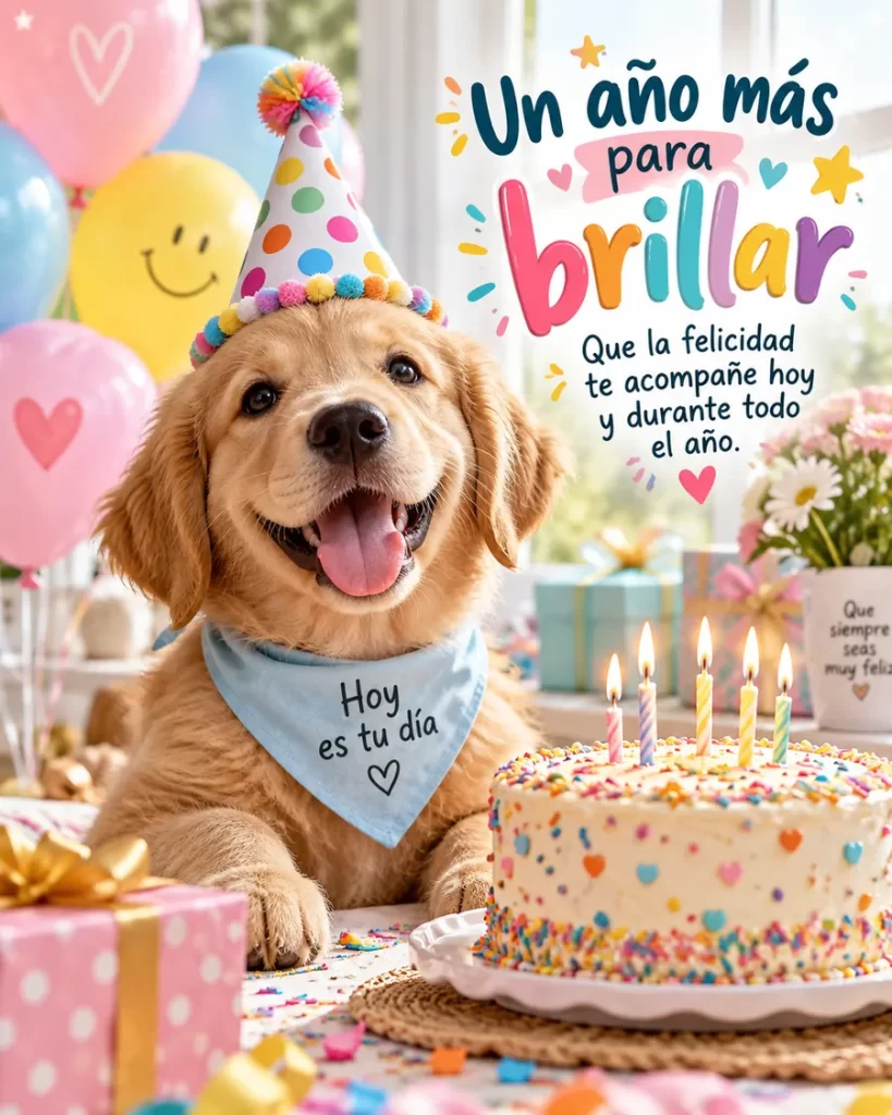 Perrito feliz con gorro de fiesta junto a un pastel de cumpleaños