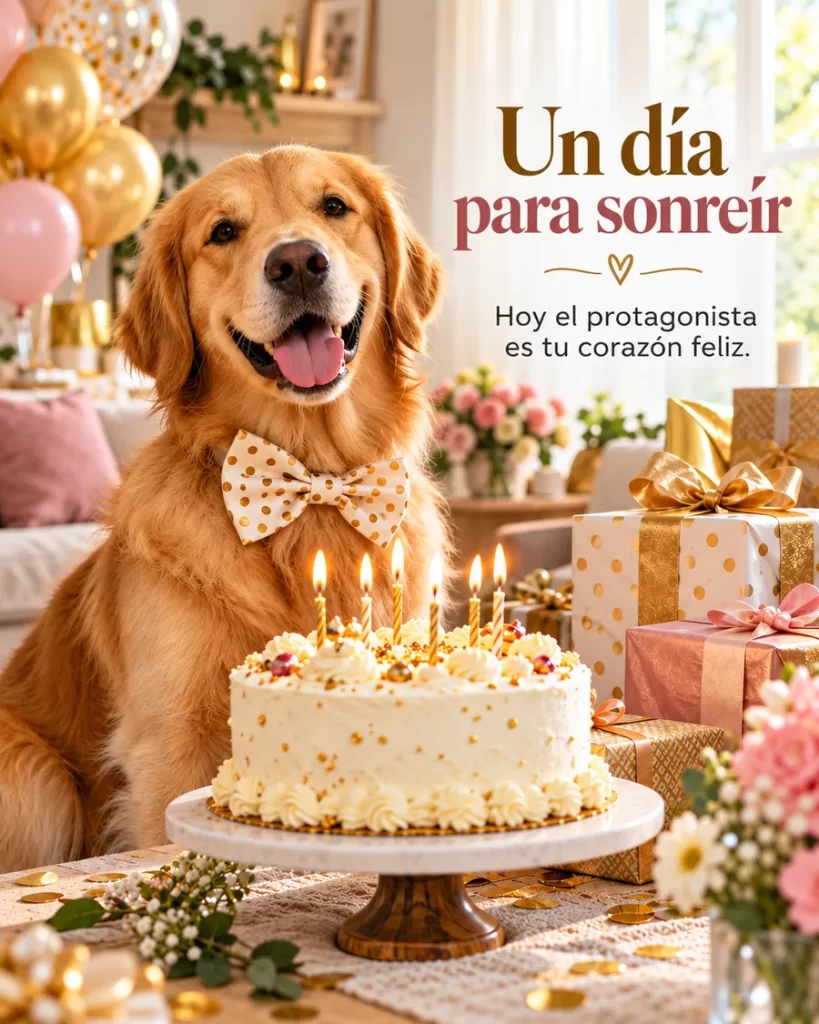 Golden retriever sonriente junto a pastel y regalo