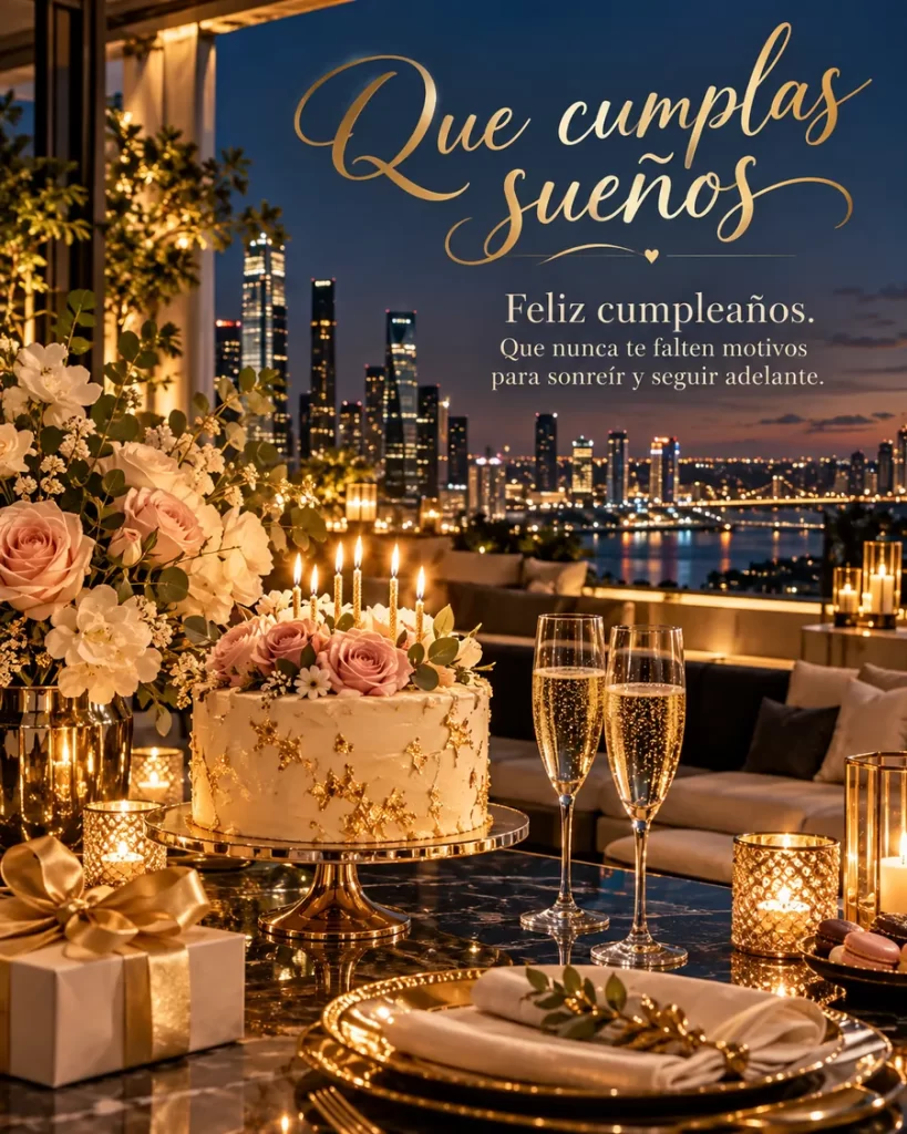 Terraza elegante de noche con pastel y ciudad iluminada