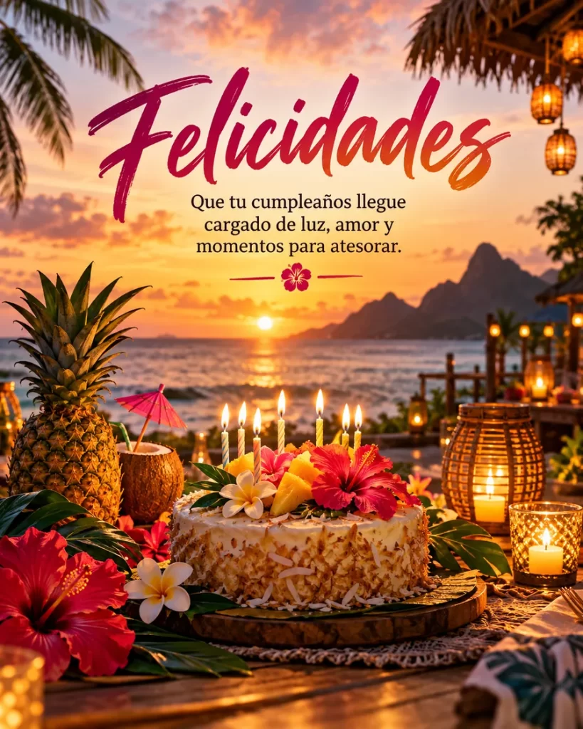 Mesa tropical frente al mar decorada con flores y velas