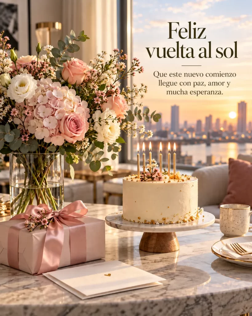 Frases de cumpleaños con pastel flores y regalo