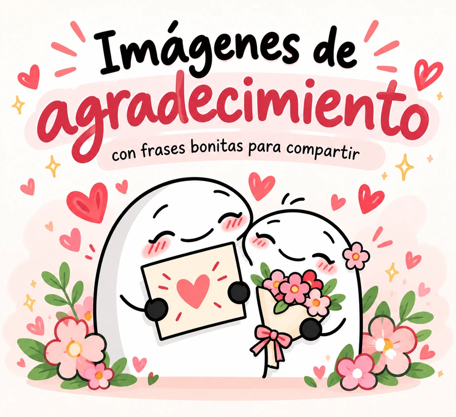 Imágenes de agradecimiento con dos personajes tiernos, una tarjeta de corazón, un ramo de flores y frases bonitas para compartir.