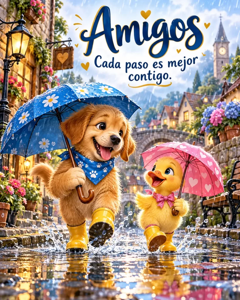 Dos amigos caminando juntos bajo la lluvia con paraguas de colores
