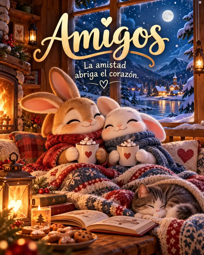 Dos amigos disfrutando una noche de invierno junto a una ventana nevada