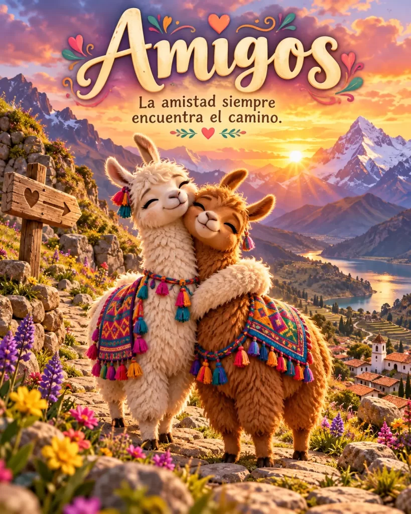 Dos amigos abrazados en un sendero de montaña al atardecer
