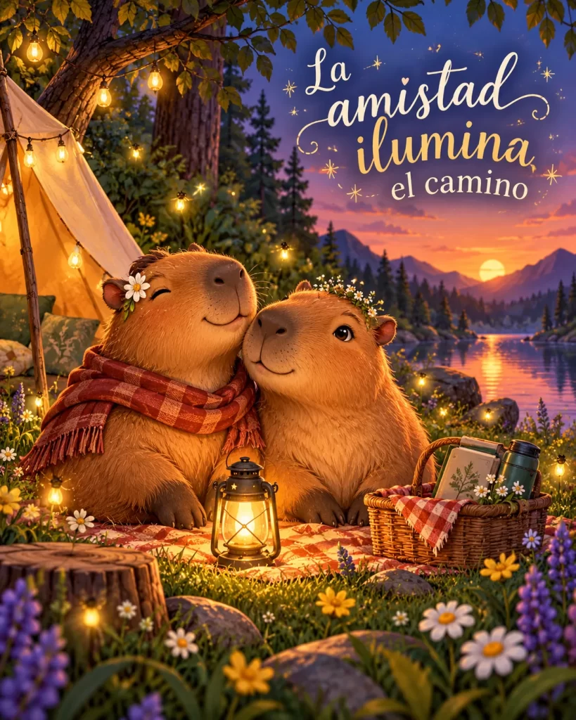 Dos amigos descansando junto a un lago iluminado por pequeños faroles