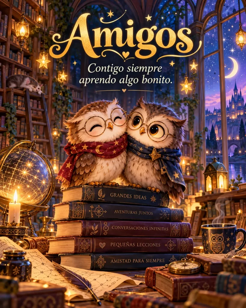 Dos amigos leyendo juntos en una biblioteca iluminada con luces cálidas