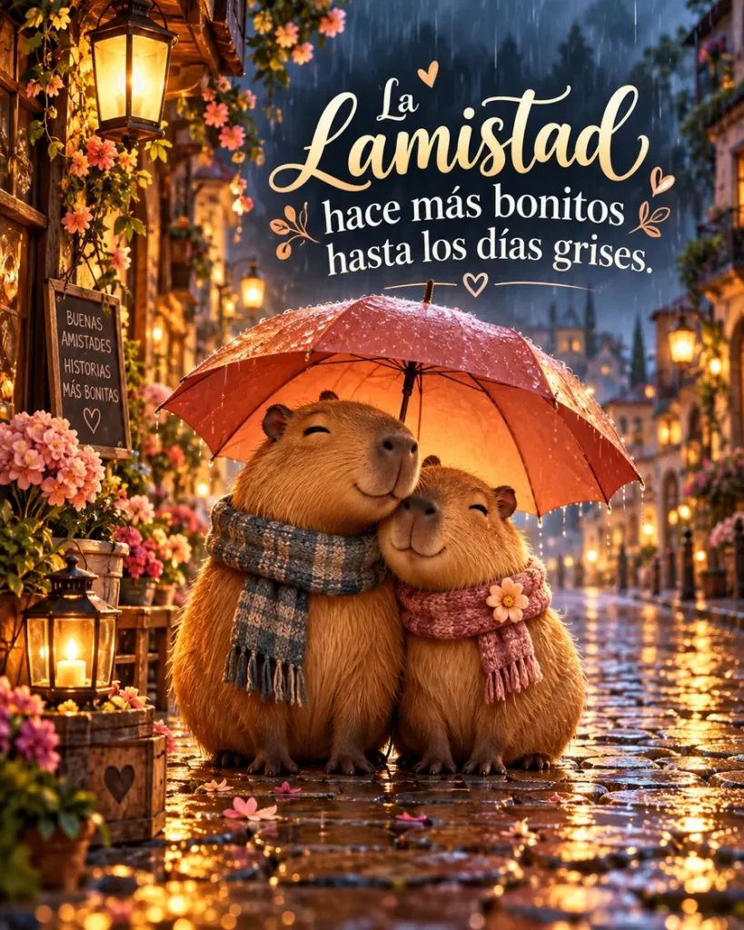 Imágenes bonitas de amistad con dos capybaras bajo la lluvia