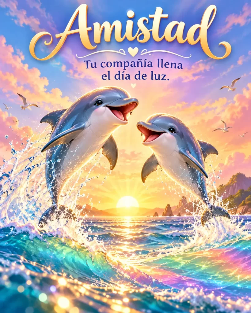 Imágenes bonitas de amistad con dos delfines saltando al amanecer