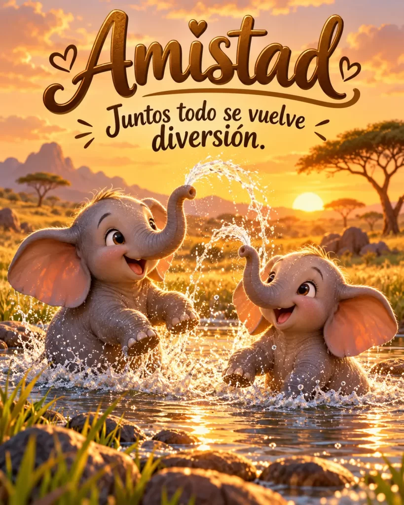 Dos pequeños elefantes jugando juntos en el agua durante el atardecer