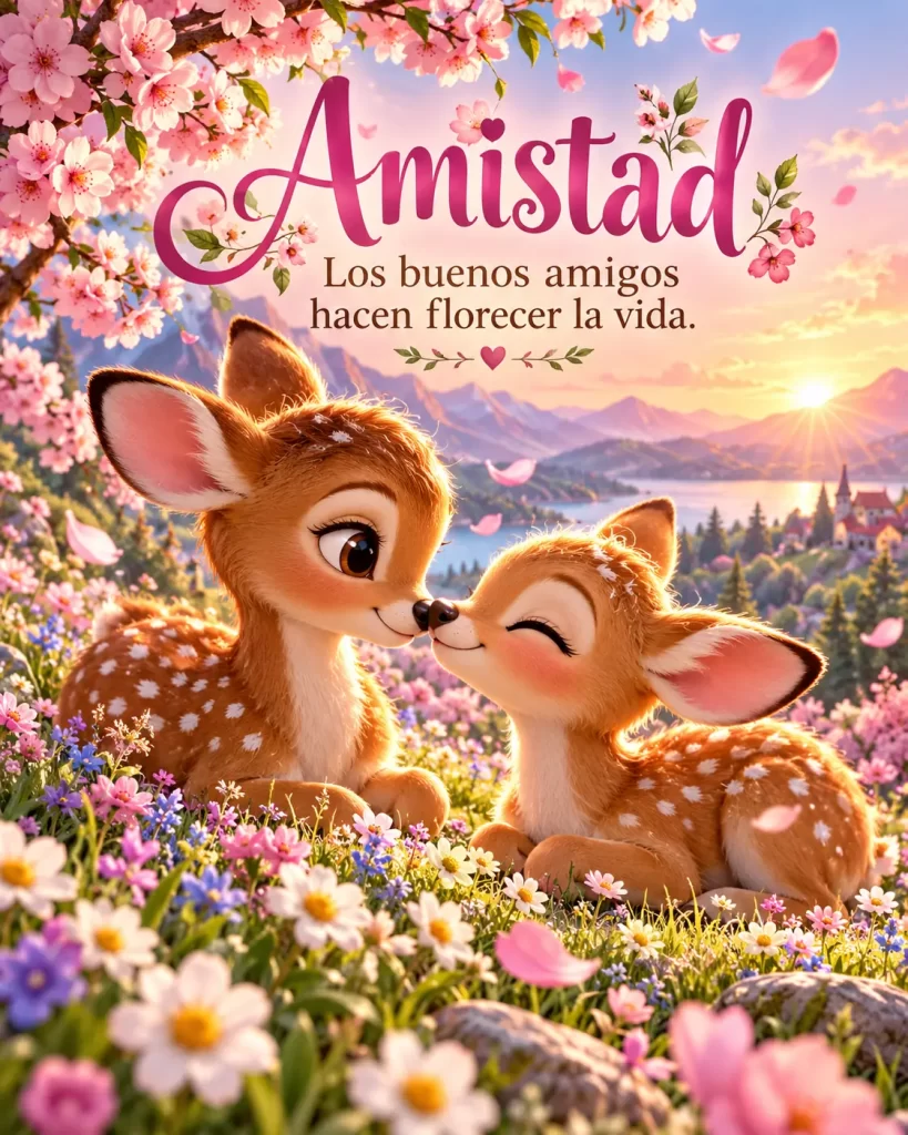 Dos pequeños amigos entre flores con montañas y un lago al fondo
