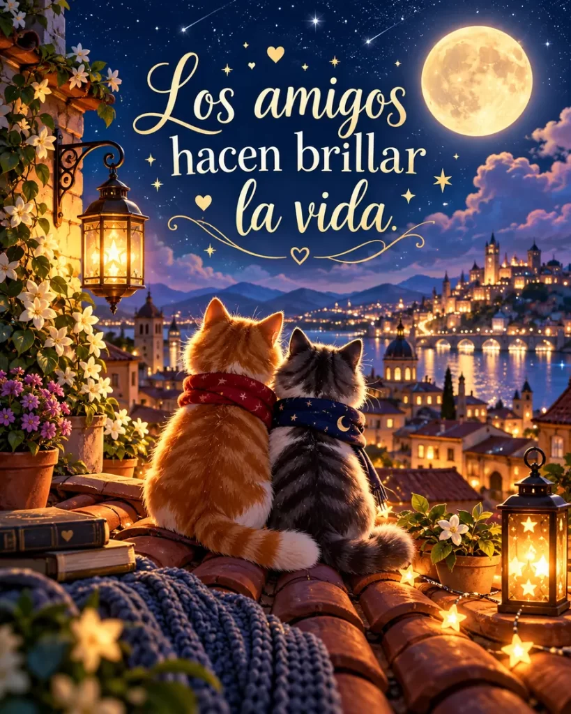 Imágenes bonitas de amistad con dos gatitos mirando la luna