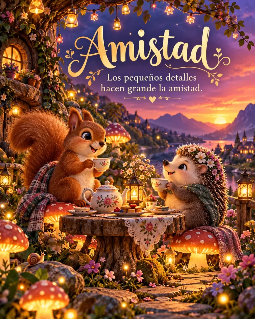 Dos pequeños amigos compartiendo un momento en un jardín encantado