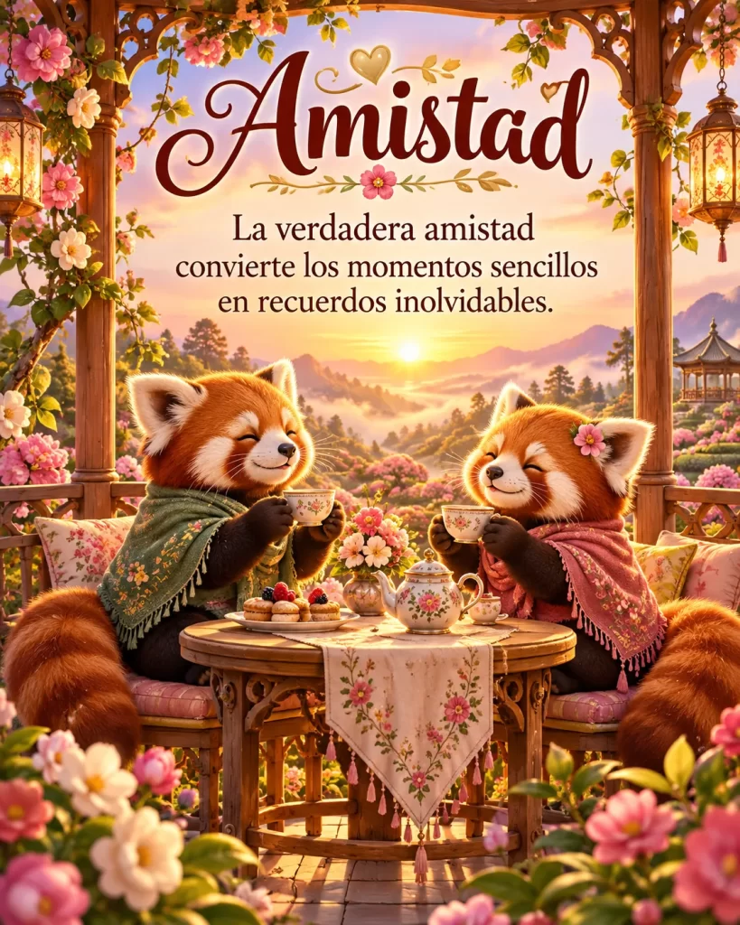 Imágenes bonitas de amistad con dos pandas rojos tomando té