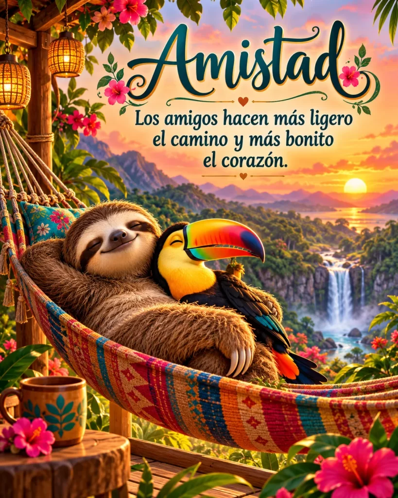 Imágenes bonitas de amistad con un perezoso y un tucán al atardecer