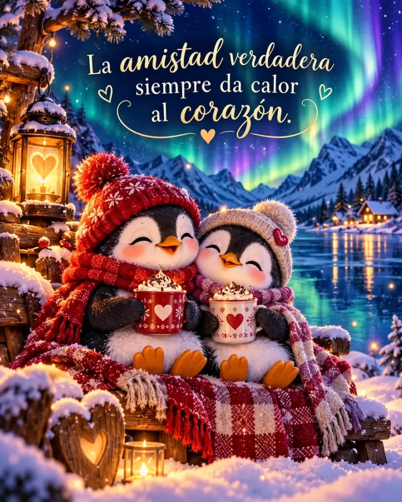 Dos pingüinos amigos tomando una bebida caliente bajo la aurora boreal