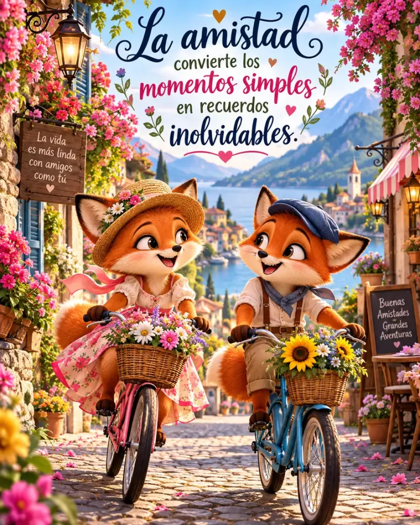 Dos zorritos amigos paseando en bicicleta por un pueblo lleno de flores
