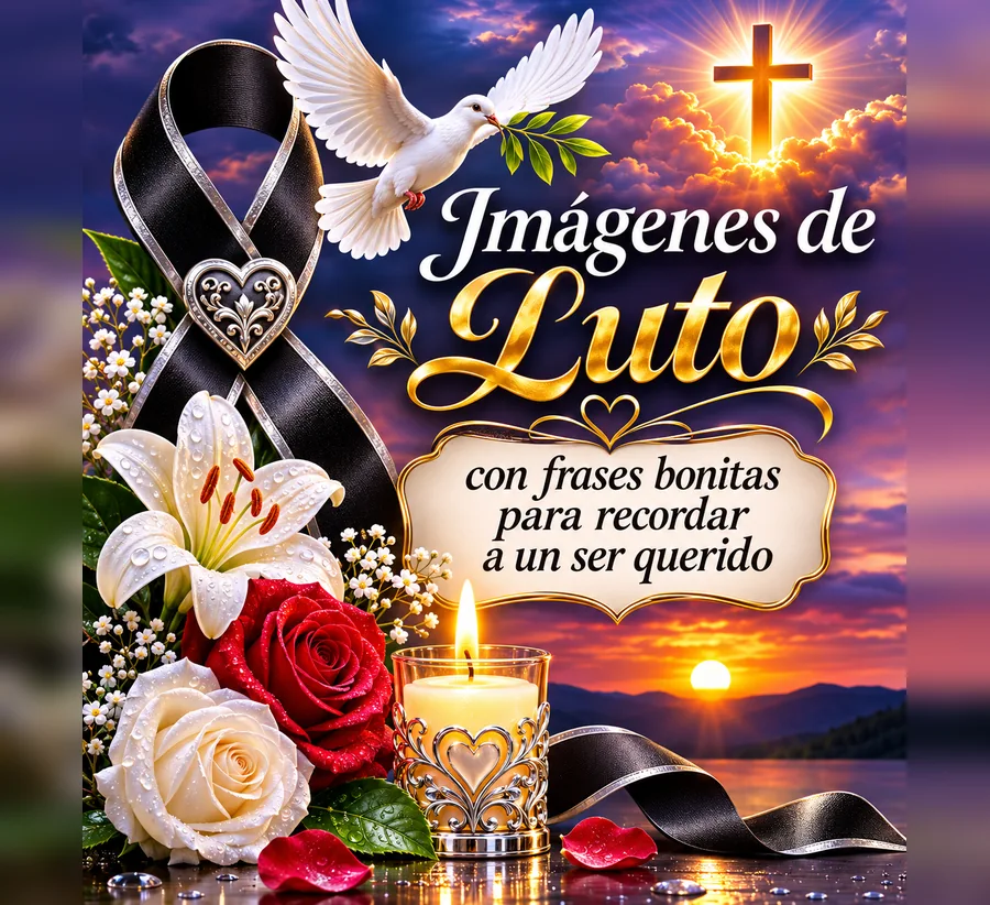 Imágenes de luto con lazo negro, paloma blanca, rosas y vela para recordar a un ser querido.