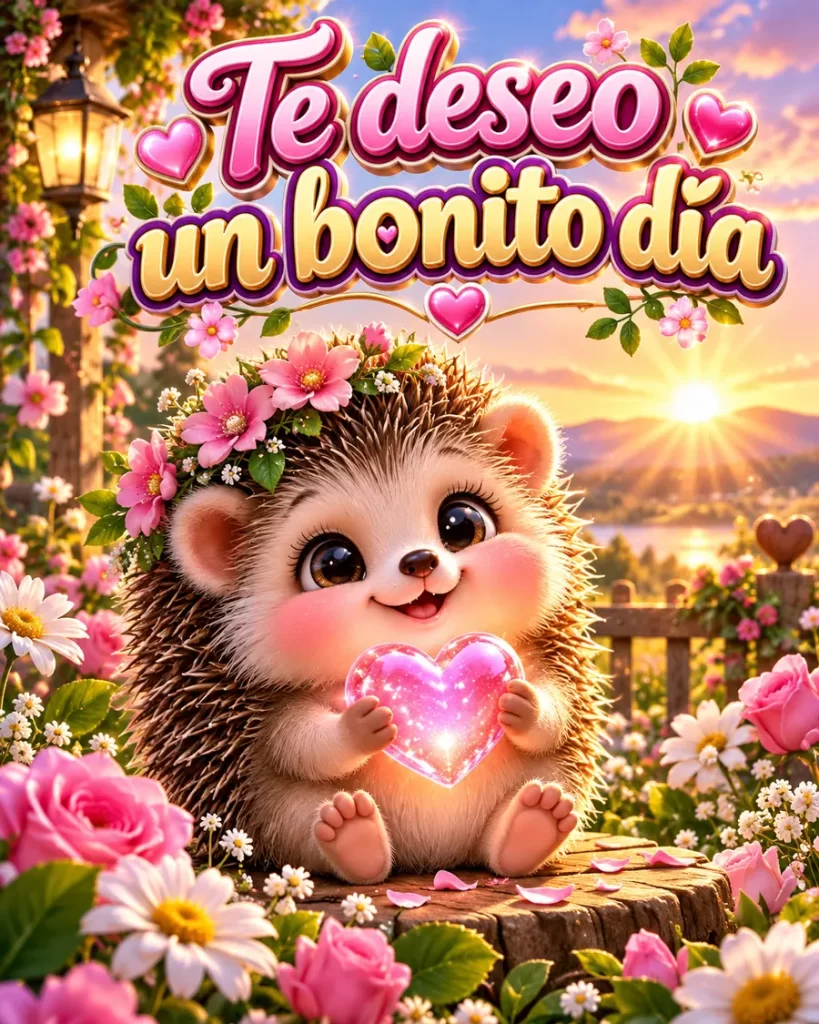 Mensajes de buenos días con erizo y flores al amanecer