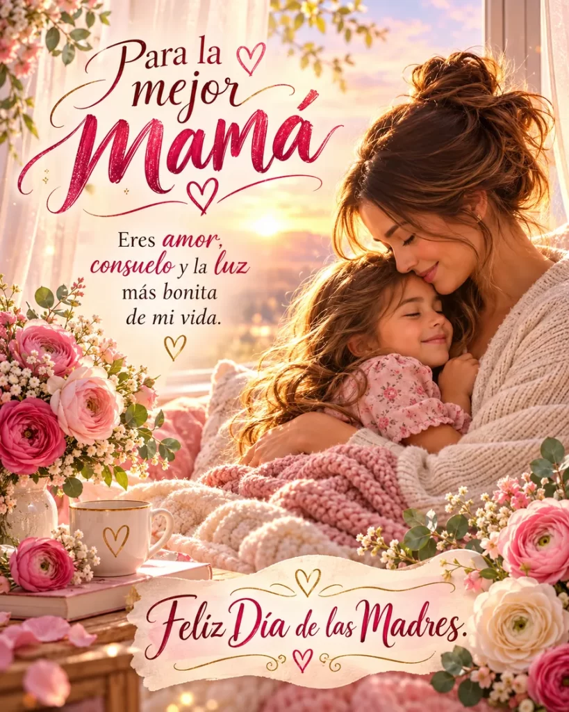 Madre y su hija abrazadas entre flores rosas
