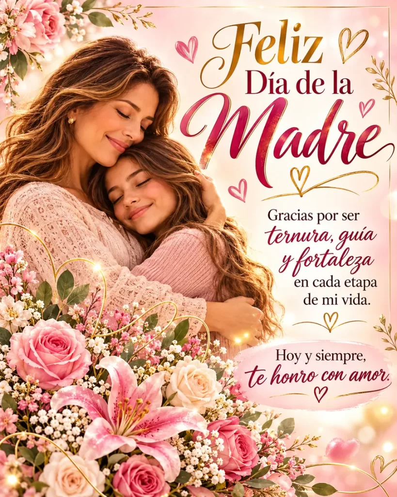 Mujer y niña abrazadas entre flores con luz cálida
