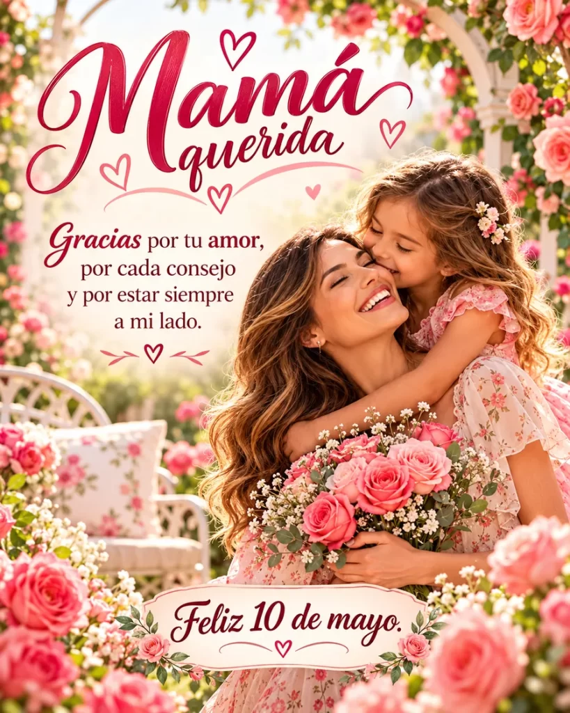 Mujer abrazando a una niña en un jardín de rosas rosadas