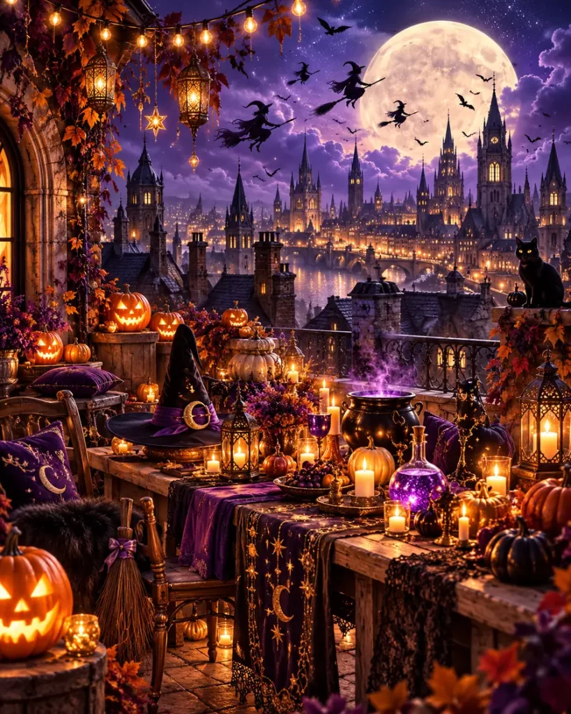 Mesa de bruja con pociones velas calabazas y ciudad fantástica al fondo