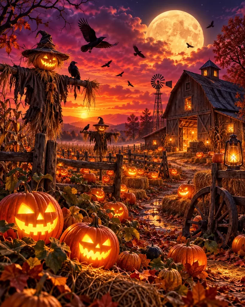 Campo de calabazas iluminadas espantapájaros y granero bajo la luna