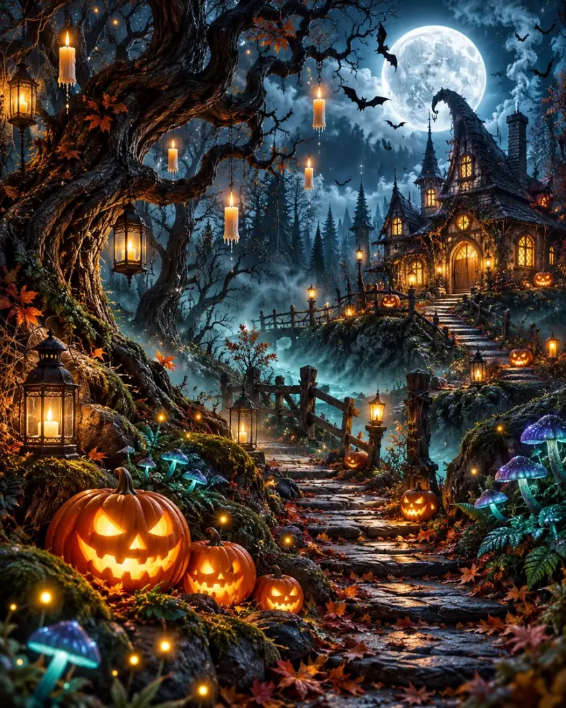 Imágenes de Halloween con casita de bruja camino iluminado y bosque nocturno