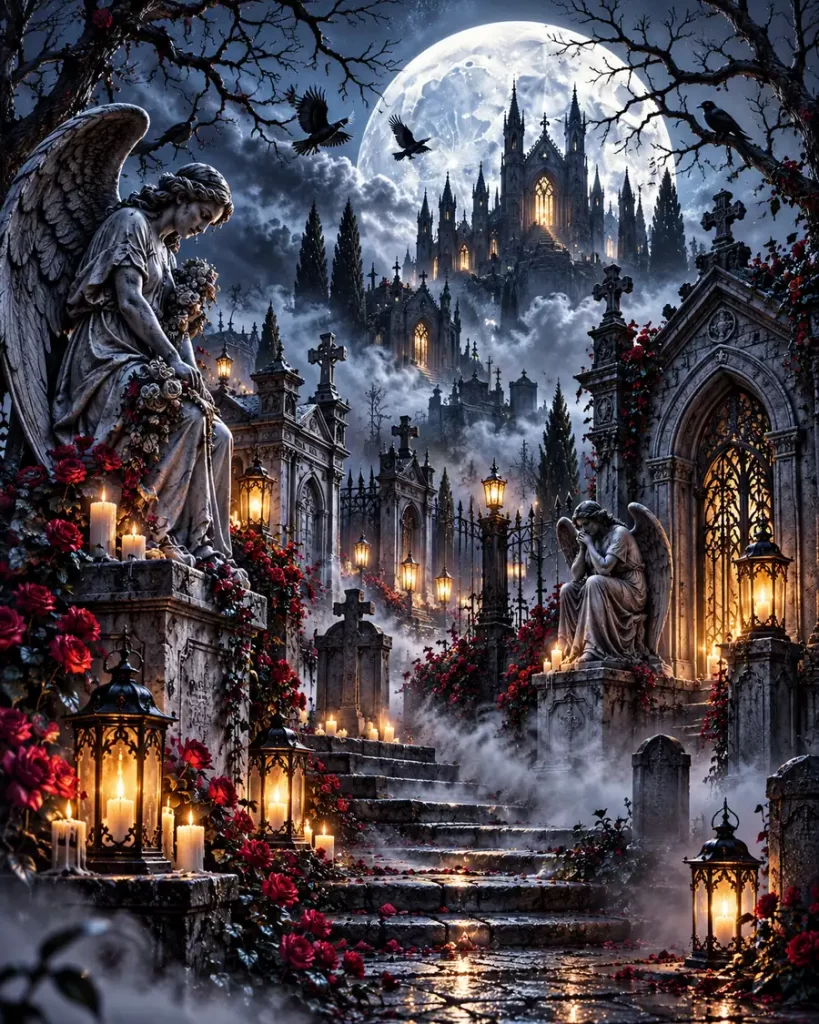 Cementerio gótico con ángeles de piedra rosas rojas y luz de luna