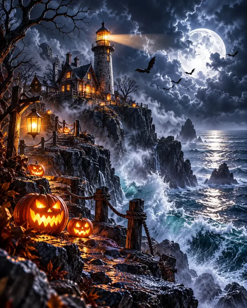 Imágenes de Halloween con faro embrujado frente al mar y luna llena