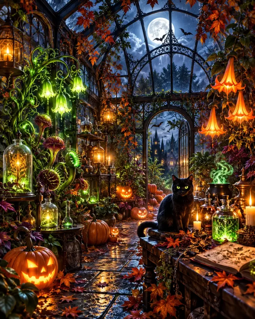 Imágenes de Halloween con jardín mágico de bruja plantas luminosas y gato negro