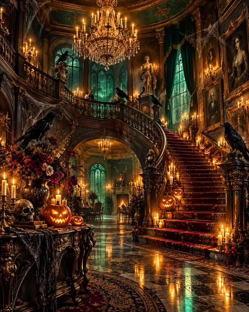 Mansión embrujada con escalera de lujo velas cuervos y luces verdes