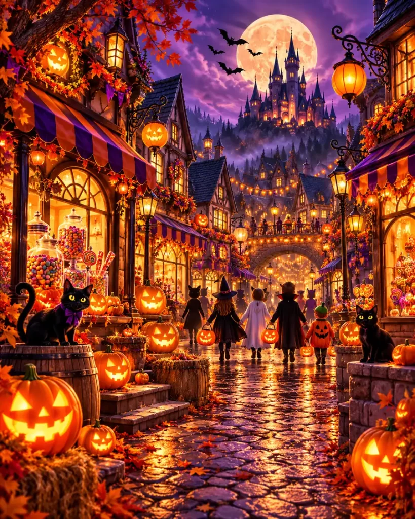 Imágenes de Halloween con pueblo encantado niños disfrazados y tiendas de dulces