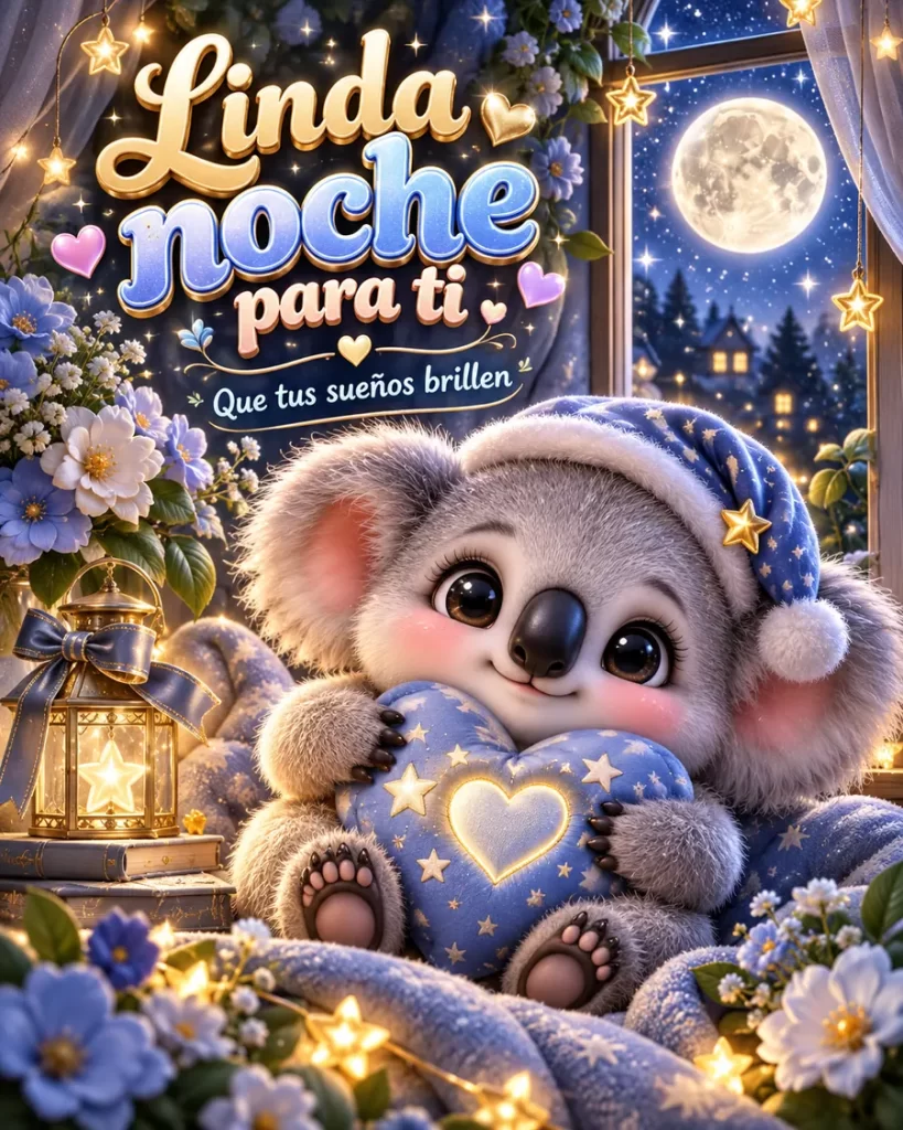 Koala tierno con almohada junto a la luna y flores azules