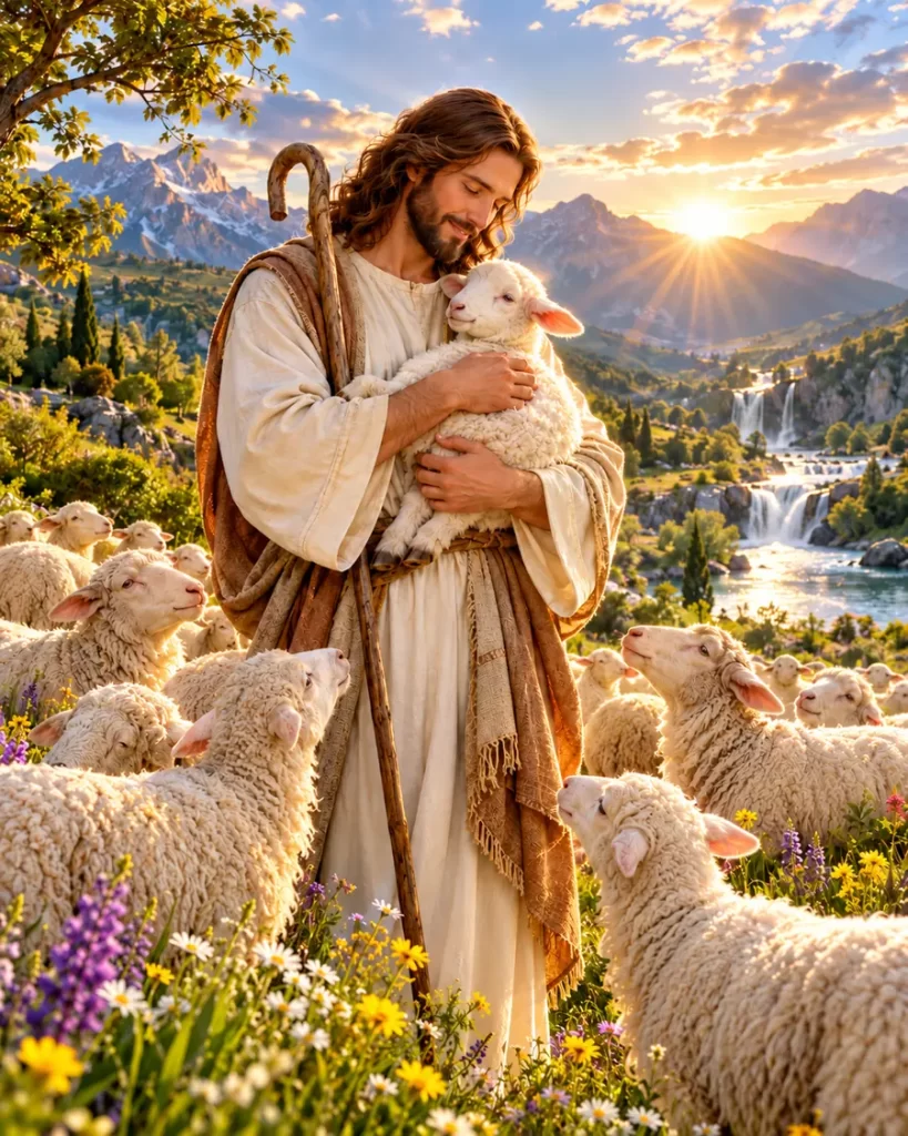 Jesucristo como Buen Pastor abrazando una oveja