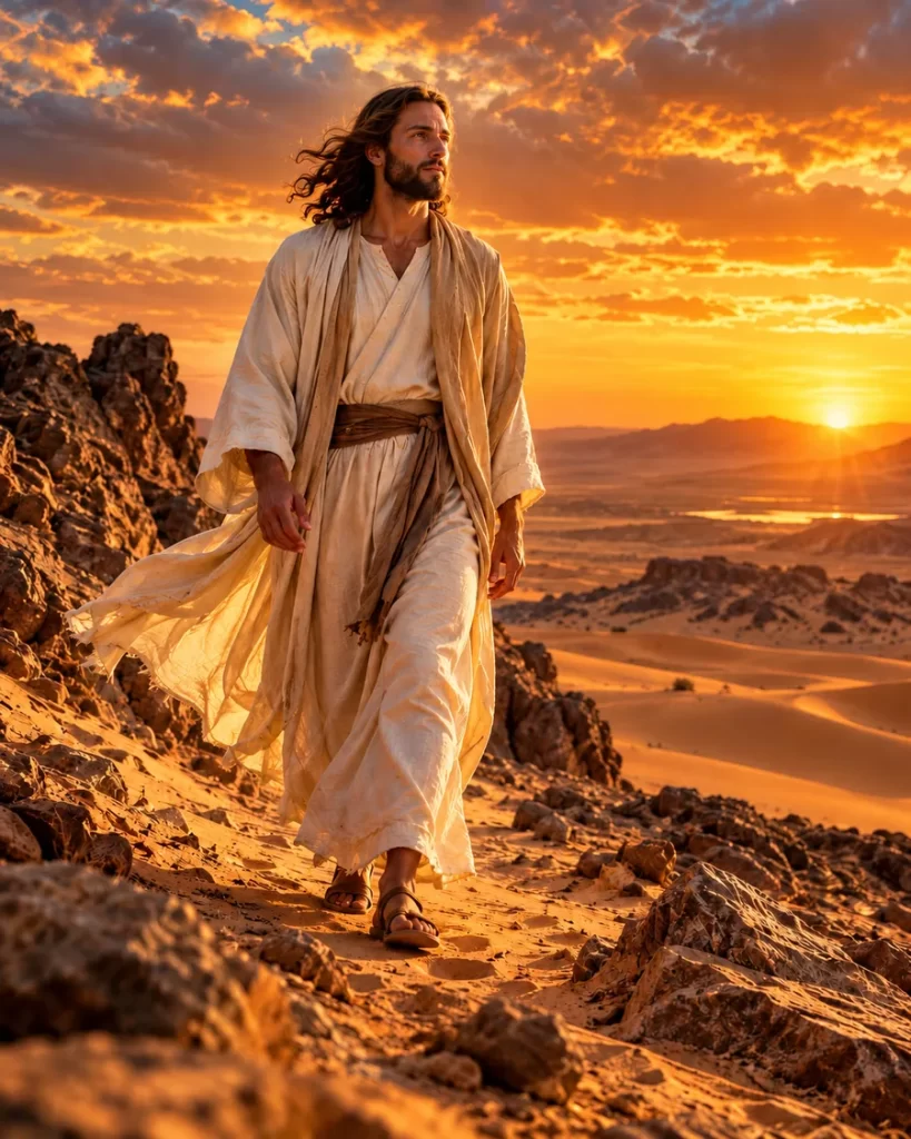 Hombre con vestimenta bíblica caminando por un desierto al atardecer