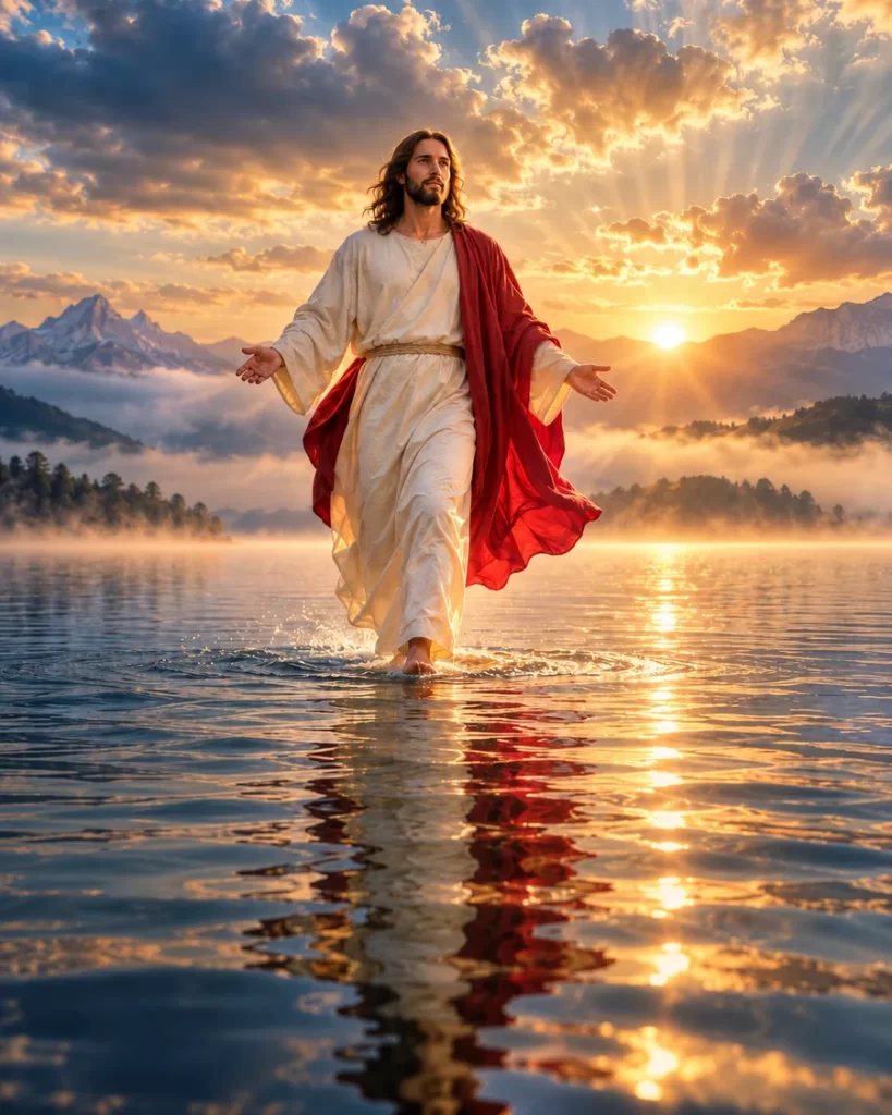 Jesucristo caminando sobre el agua al amanecer