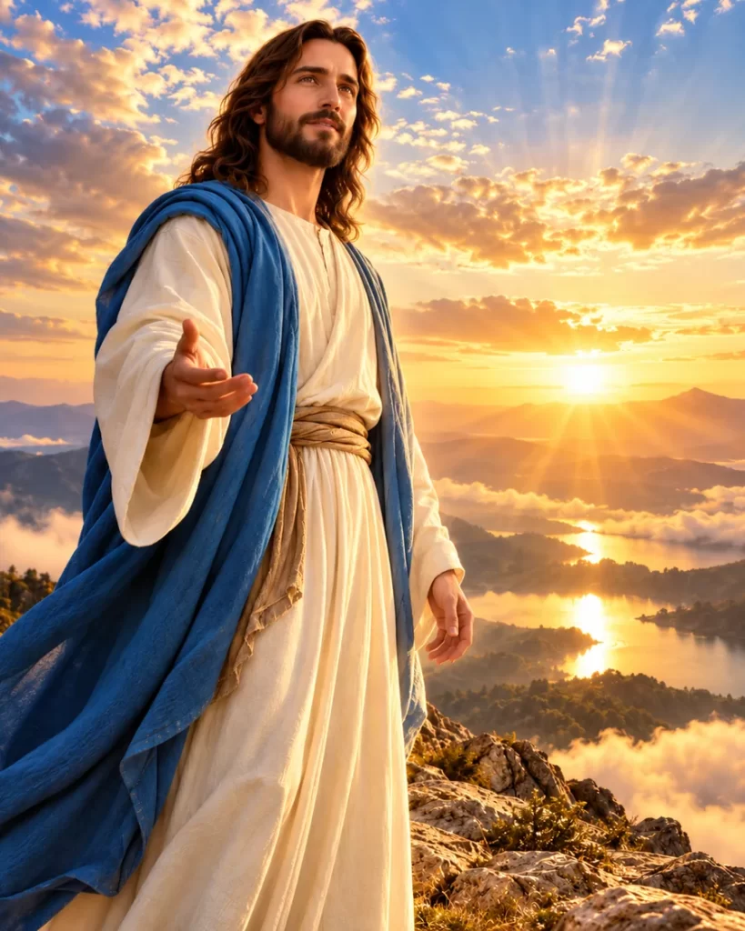 Jesucristo extendiendo la mano frente a un amanecer sobre las montañas