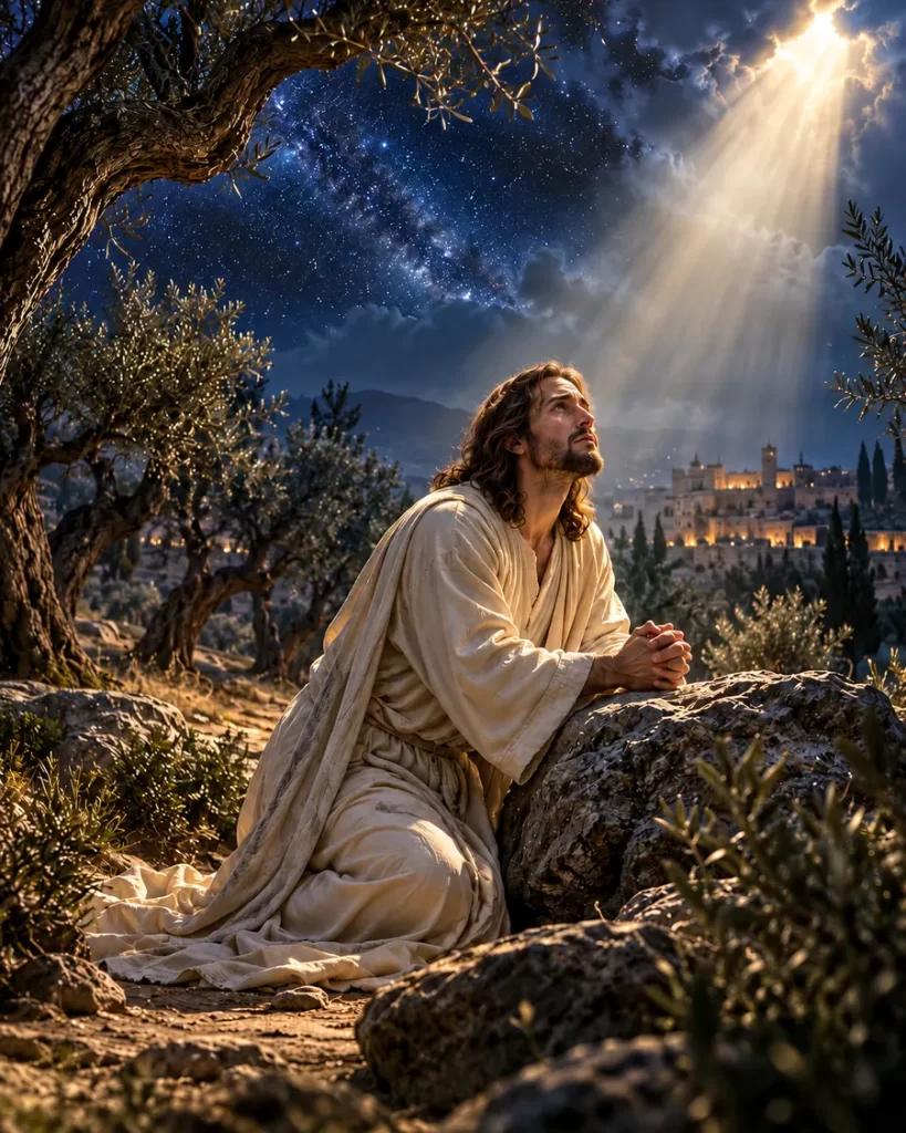 Jesucristo orando de noche bajo un cielo estrellado